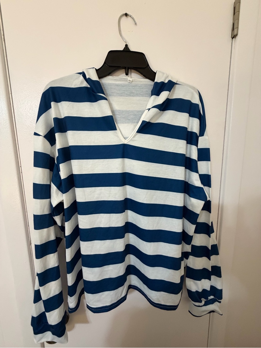 SHEIN Blue and White Striped Women's V-Neck Hoodie